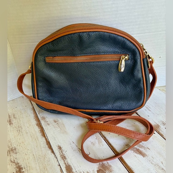 VALENTINA Genuine Leather purse Multi Zipper Crossbody Bag navy blue brown EUC - Picture 12 of 15